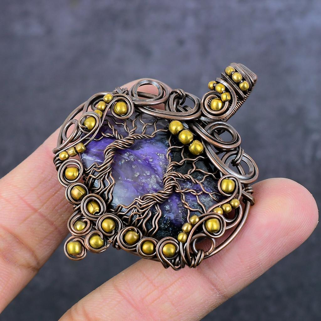 Natural Russian Charoite Handmade Copper Wire Wrap Jewelry Pendant 2.24" q2R79