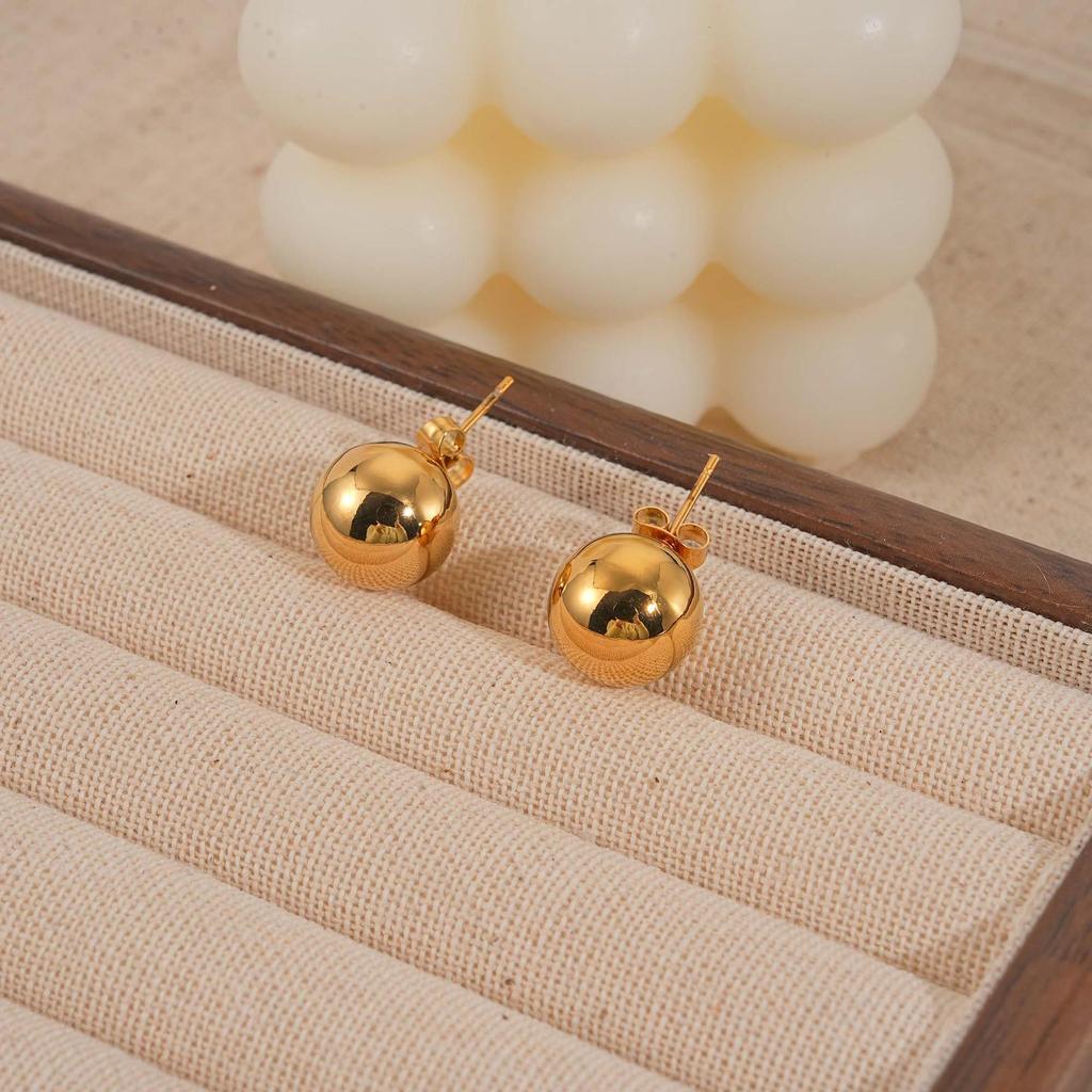 18K Gold Plated Titanium Steel Round Bead Stud Earrings for Girls