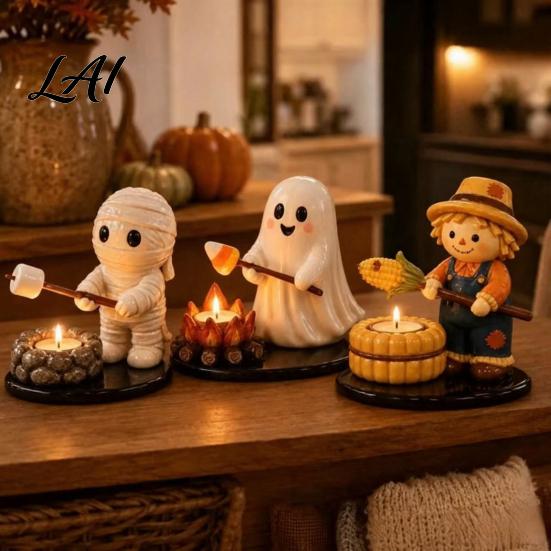 Halloween Candle Holder for Tealights Campfire Tealight Holder Mummy Ghost Scarecrow Resin Unique Sculpture Office Desk Stand Desk Fall Harvest