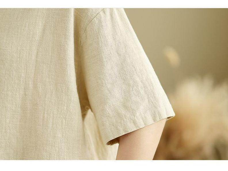 Plus Size Retro Linen Button Pocket T-shirt - Women's Slimming Fashion Short Sleeve Top for Summer 2025.