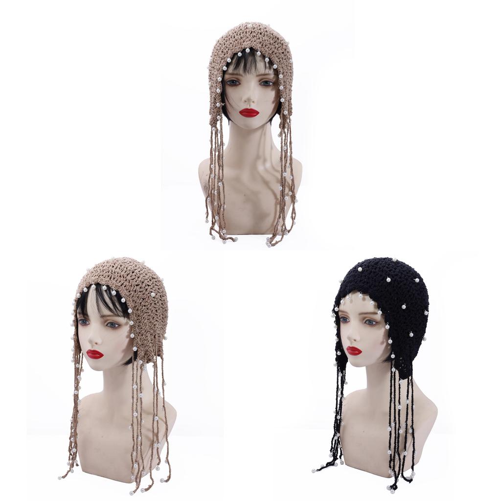 Ethnic Style Handwoven Sun Hat With Tassels And Pearls For Summer Sun Protection