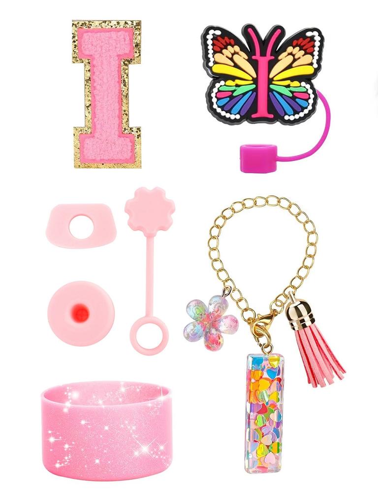 7PCS Cup Accessories Set for Stanley 30oz 40oz Tumbler Initials Silicone Straw Cover Cap Boot Letter Handle Charm Sticker