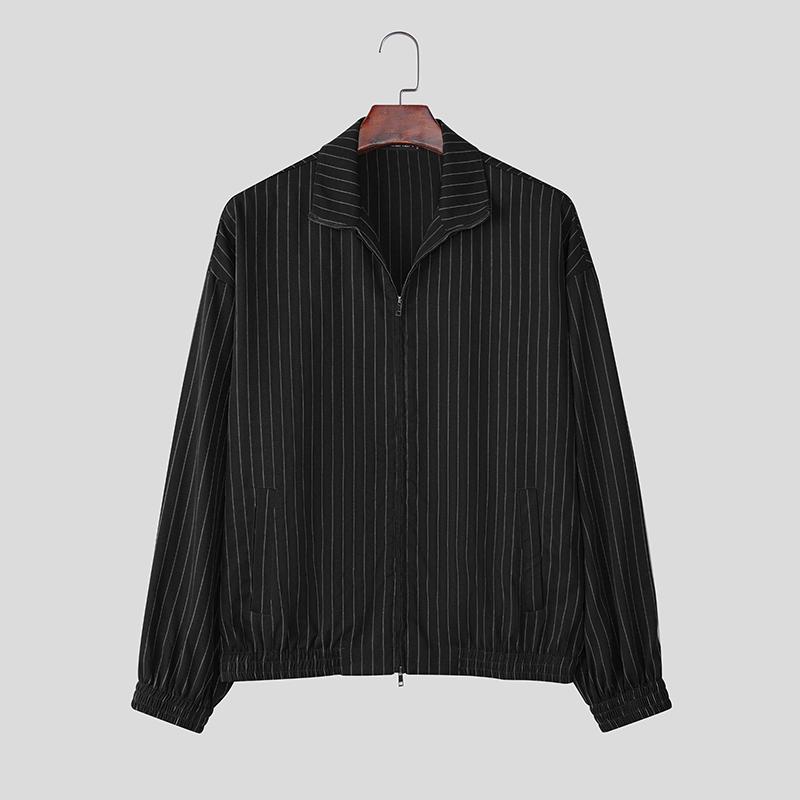 

INCERUN Мужские тонкие куртки-пальто с лацканами, длинными рукавами, в полоску, повседневные, на молнии S чёрный