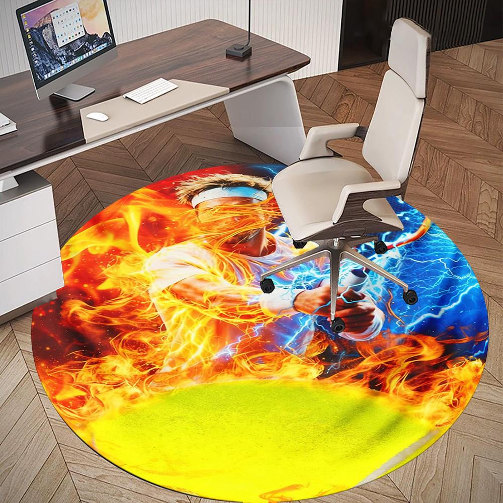 1PC Fire Tennis Round Chair mat Area Rug - Non-Slip, Floor Mat for Office, Bedroom, and Indoor Decor -Gift D1127238