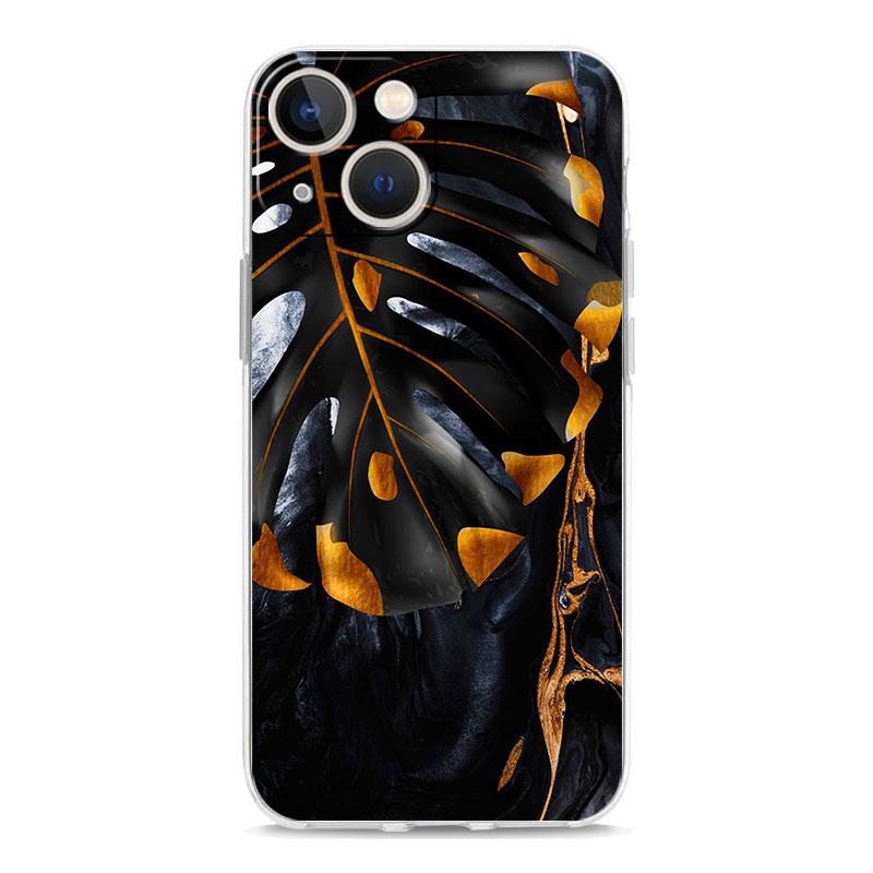 Black Gold marble tropic Luxury Transparent Phone Case For iPhone 15 14 13 12 11 Pro Max XS X XR SE 7 8 Plus Shockproof Cover