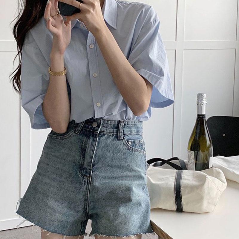 

Белая рубашка с короткими рукавами, женская весна-лето ретро универсальная свободная и утягивающая рубашка-топ S