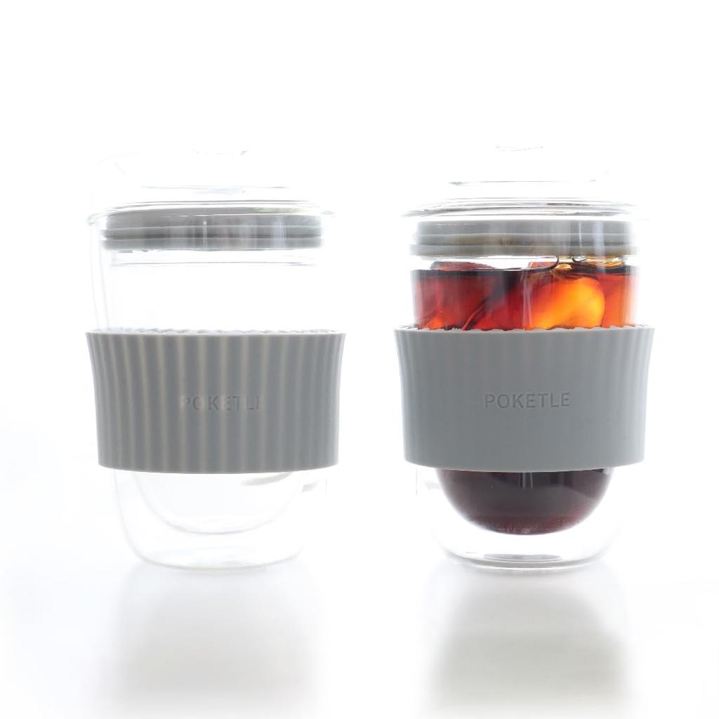 POKETLE Glass Tumbler 220ml Blue Gray Double Wall Heat Resistant Dishwasher BPA Free