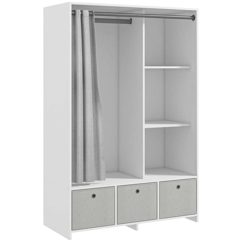 Wardrobe Closet Storage Cabinet With Hanging Rod Curtains 3 Removable Fabric Drawers 105 X 48 X 160 Cm White