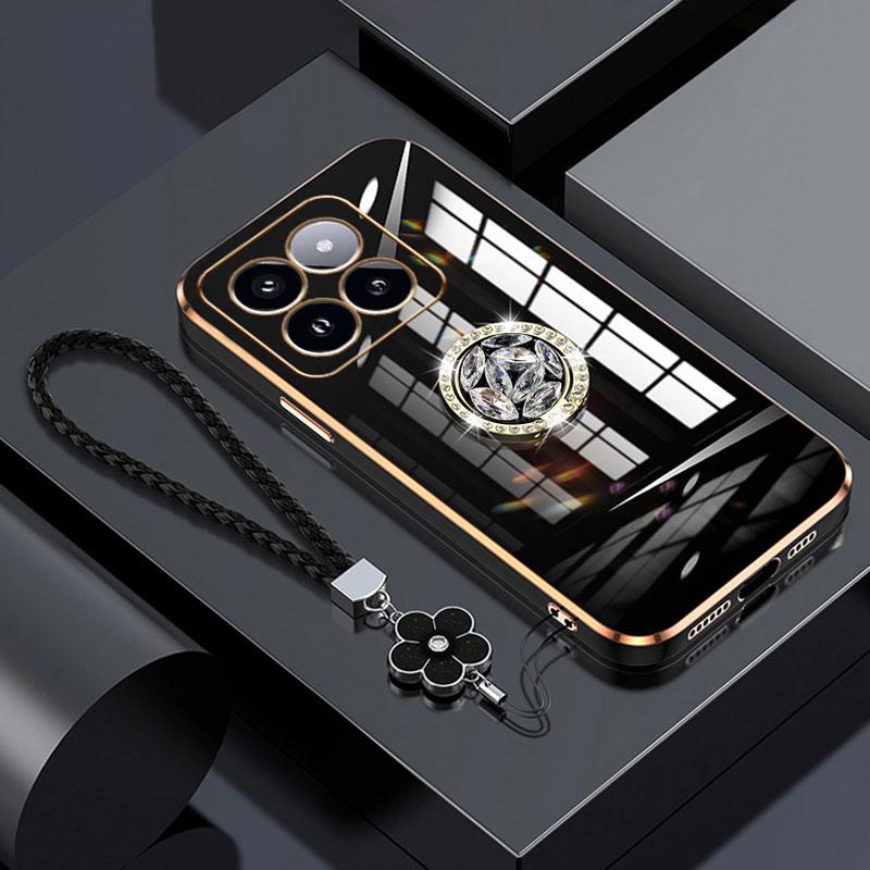

Xiaomi14 Case Luxury Diamond Ring Cover For Xiaomi 14 Poco X4 M4 X5 F5 Pro Phone Case With Flower Lanyard Plating Cases Xiaomi14 poco M4 pro 5G&Case & Holder рожевий