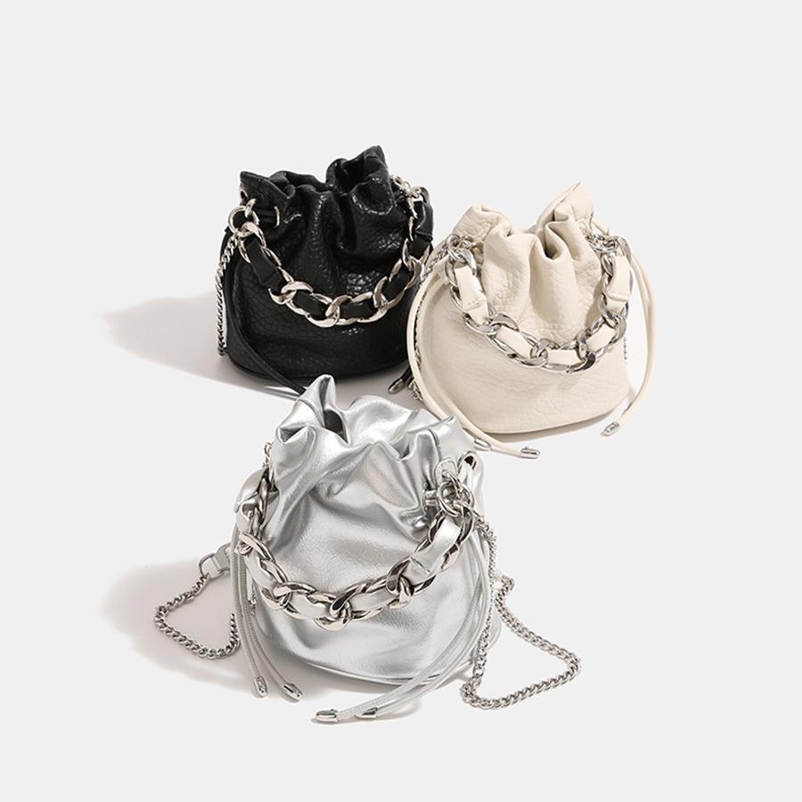 Silver thick chain bucket bags for women pu leather shoulder bag drawstring chains crossbody bags casual commuter purse handbags
