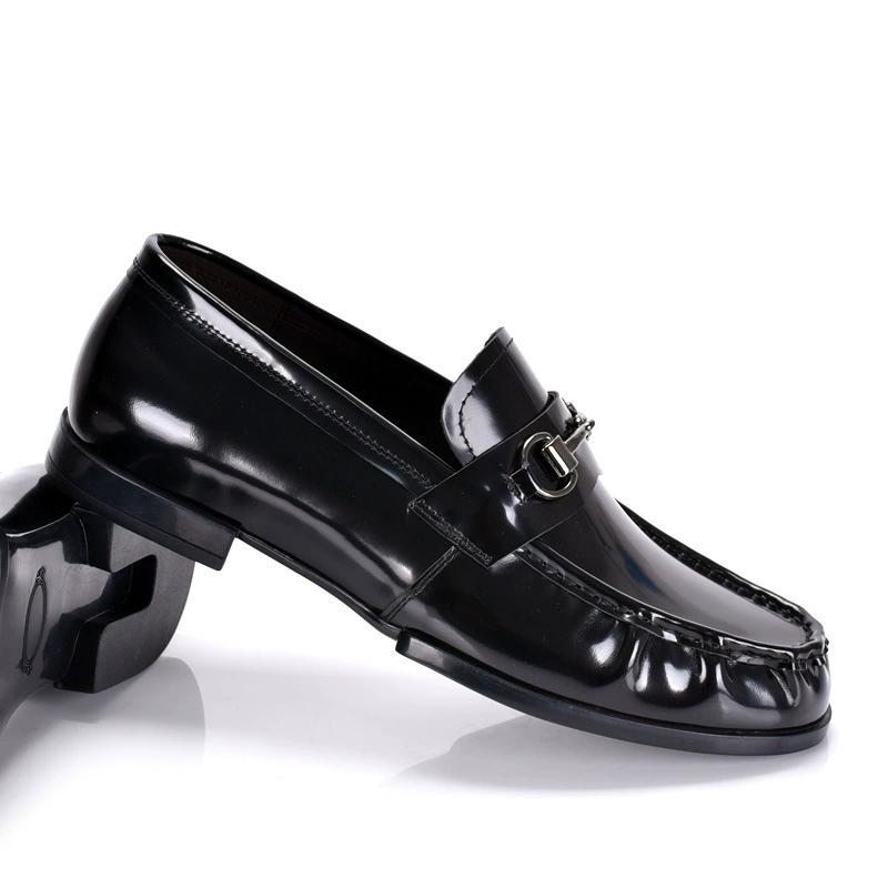 Fashion Black Genuine Leather Men's Shoes Loafers Pointed Toe British Design Horse Collar Buckle Lazy Patent Leather Dress Shoes