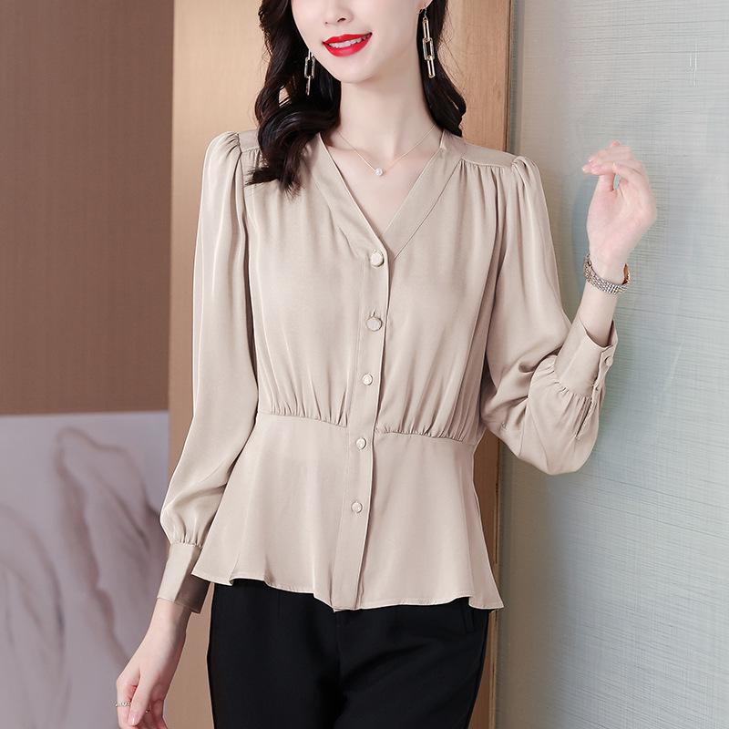 2023 Women's V-Neck Satin Silk Long Sleeve Top - Autumn Fashion Slim Waist Design