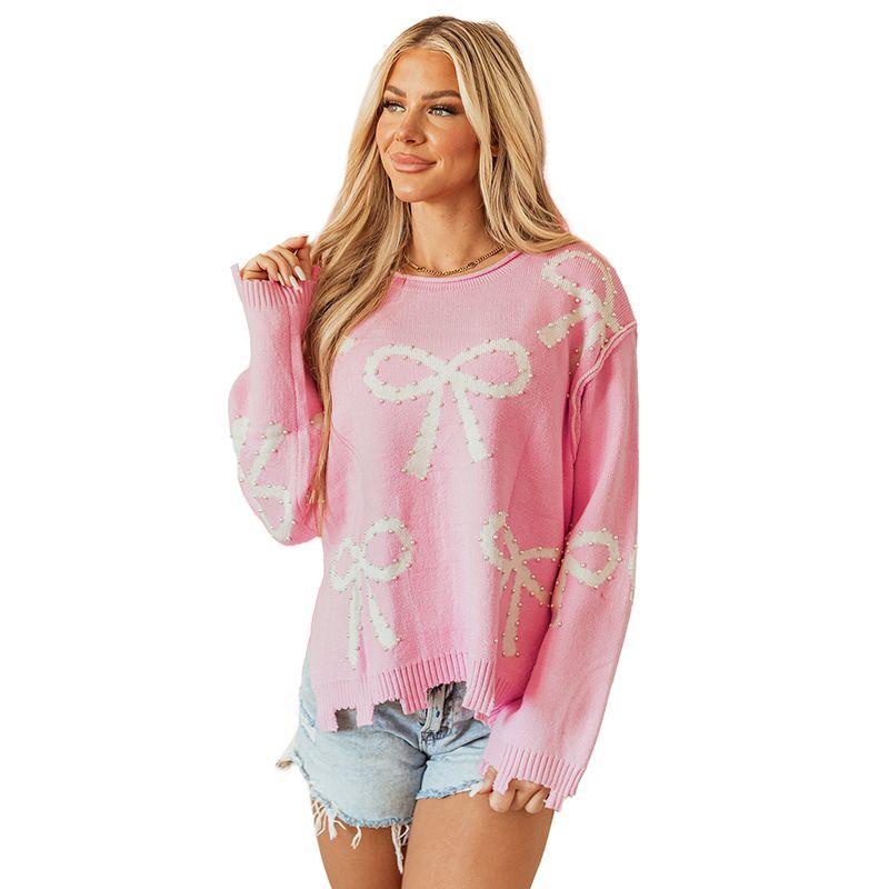 

American Shiying Bow Pattern Round neck sweater Women 2025 Winter New Pearl Beaded Knit Women Pink XL code fits (70.00 kg-75.00 kg