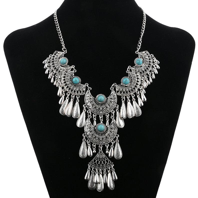 Vintage Ethnic Exaggerated Statement Necklaces Antique Silver Carved Water Drop Tassel Necklaces For Women Boho Jewelry