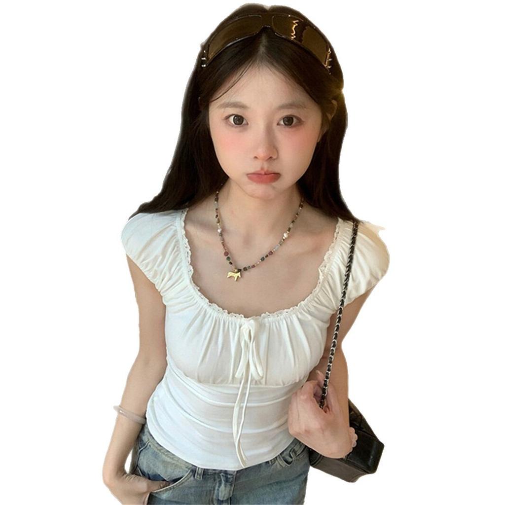 [Keren Cotton Modal] Korean Pure Lace Lace-up Short-sleeved T-shirt Women's Summer Slim-fitting and Thin Top