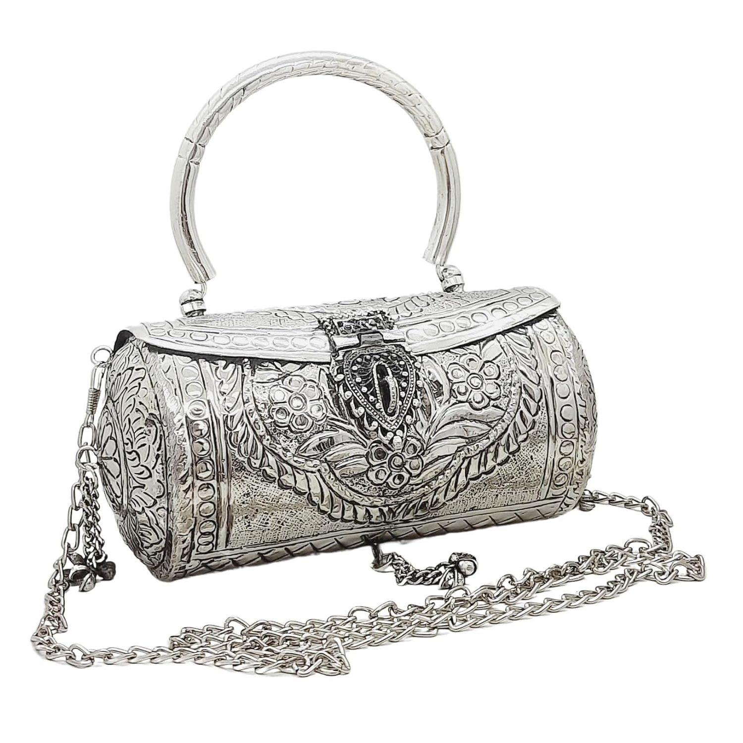 

Женский серебристый латунный металлический клатч с ручкой ручной работы, антикварный этнический ручной клатч