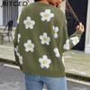 BITCED Damen 3D Floral V-Ausschnitt Strick-Cardigan Herbst/Winter Lässige Strickjacke mit entspannter Passform