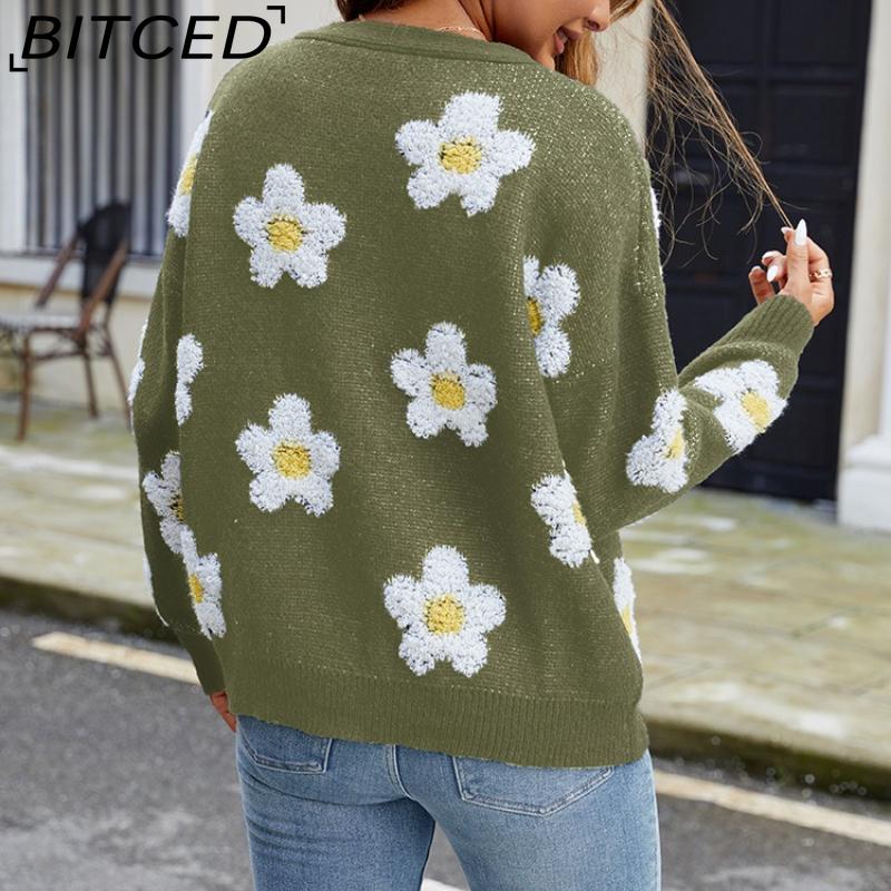 BITCED Damen 3D Floral V-Ausschnitt Strick-Cardigan Herbst/Winter Lässige Strickjacke mit entspannter Passform