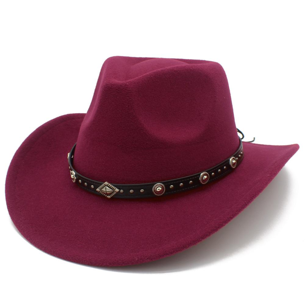 European and American Style Men and Women Couples Western Cowboy Hat Woolen Wide Brim Party Performance Hat Black Rivet Decorative Top Hat