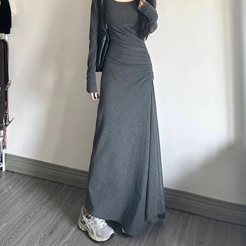 Irregular Y2k Long Dress Women High Waisted  Sleeve Solid Basics Elegant Korean Fashion Streetwear Minimalist Sexy Vintage