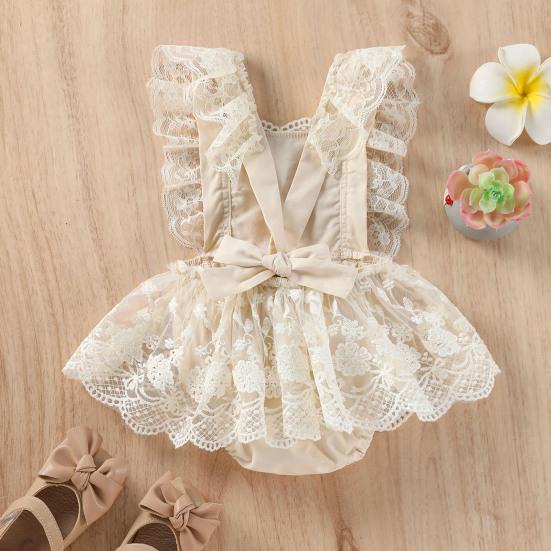 Baby Mädchen Spitzen Strampler Kleid Blumen Spitzenkleid Verstellbare Träger Elastische Bündchen Boho Kleid Atmungsaktiv Baby Fotoshooting Outfit
