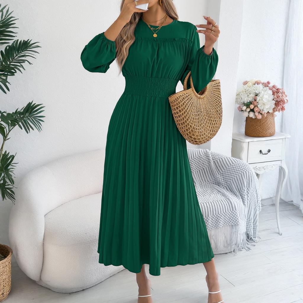 Women's Casual  Round Neck Ear-rimmed Long Sleeve Tight Waist Pleated Dress