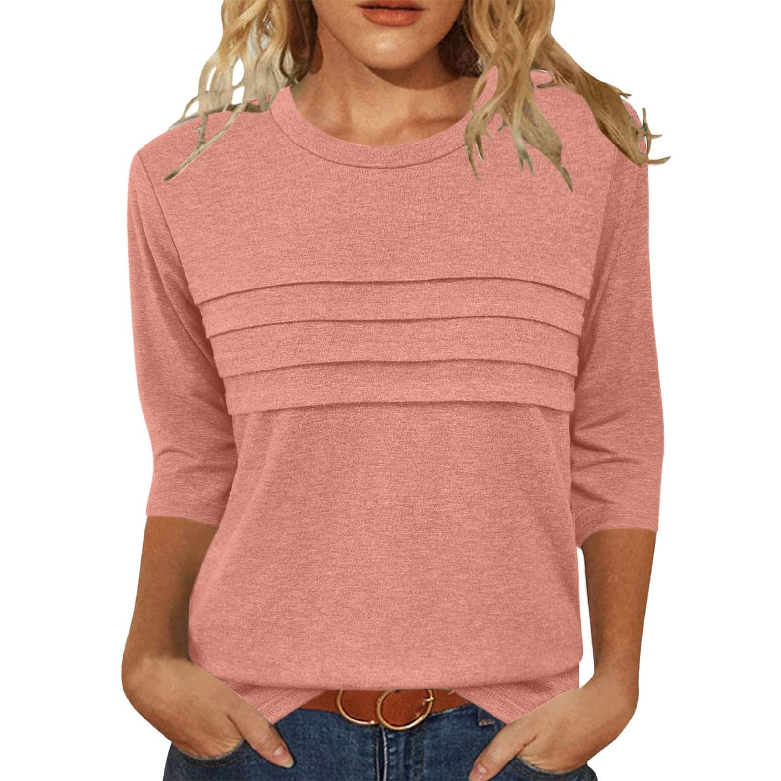 

Women s Fashion Casual Seven Split Sleeve Pleated Loose Round Neck Colour Printed T-Shirt Top M рожевий