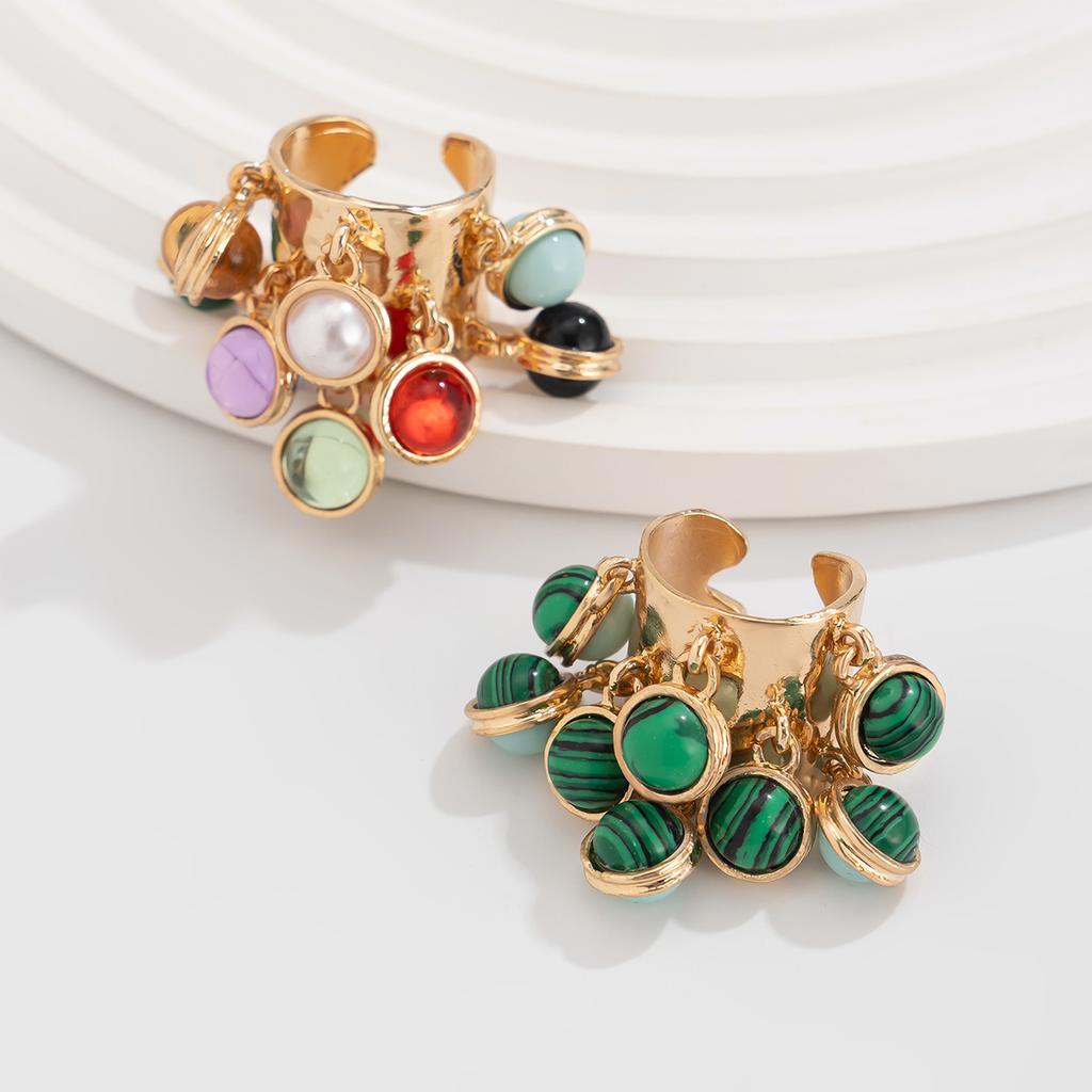 Colorful Stone Multi Pendant Tassel Bead Rings for Women Exaggerated Large Grunge Adjustable Finger Ring Geometric Jewelry Accessories Gift