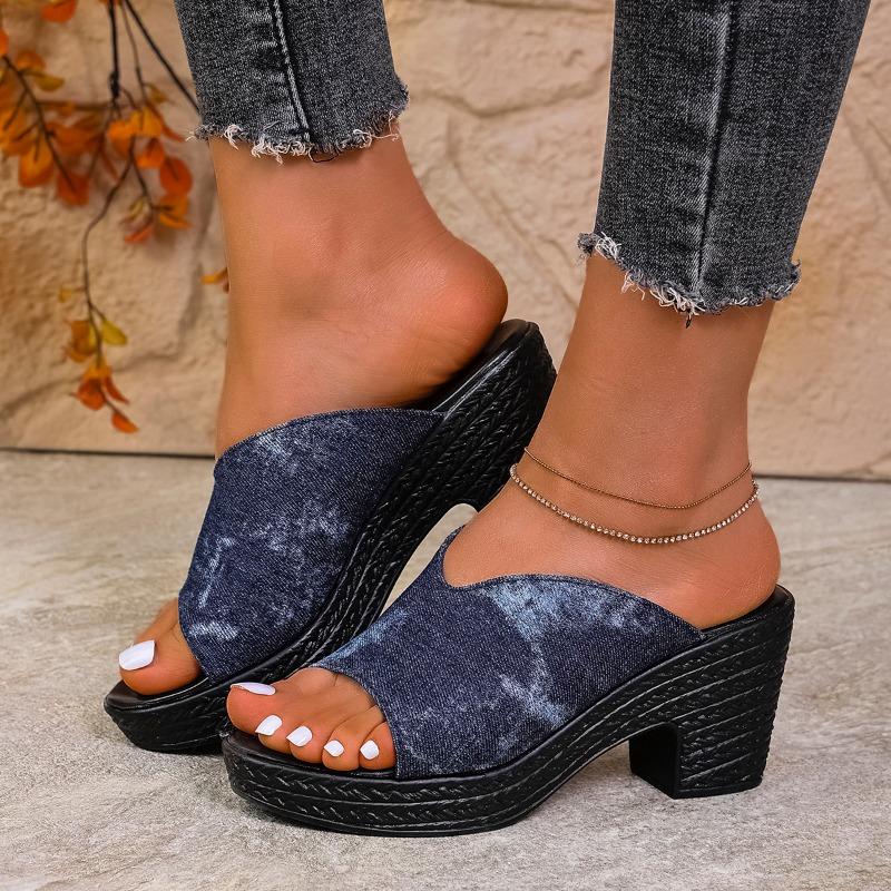 Large Size Slippers Women Fashion Slope Heel Classic Denim Ladies Casual Roman Sandals Zapatos Slides Women Mules