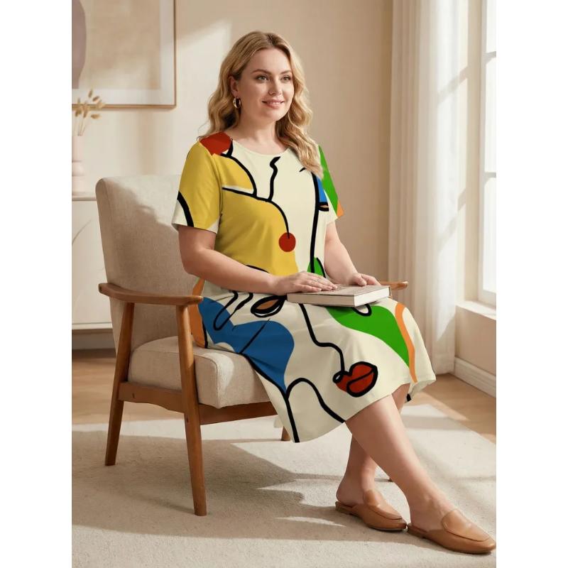 Patterns Women Mini Dresses Summer Short Sleeve Printed Plus Size Casual Comfortable Soft Dress