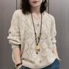 Autumn Casual Fashion Hollow Long-sleeved Pullover Sweater V-neck Loose Large Size Slim Solid Color Button Bottoming Top
