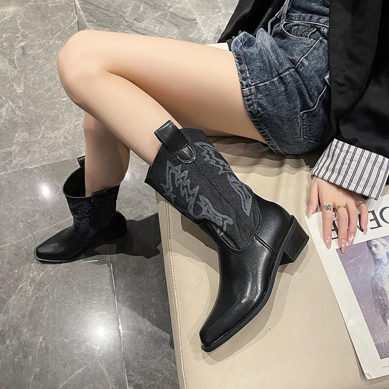 Coarse-heeled western boots women's autumn new with skirt retro pointed mid-boots high-heeled short boots