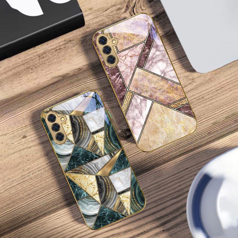 Blue marble texture For Samsung Galaxy S20 FE S21 S22 S23 Plus S24 Ultra 25Ultra S21+ S9+ S22Plus Golden glass phone case