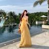 Seaside Vacation Beautiful Super Fairy Design Yellow Bow Tube Top Dress Female Summer Pure Want Waist Long Dress