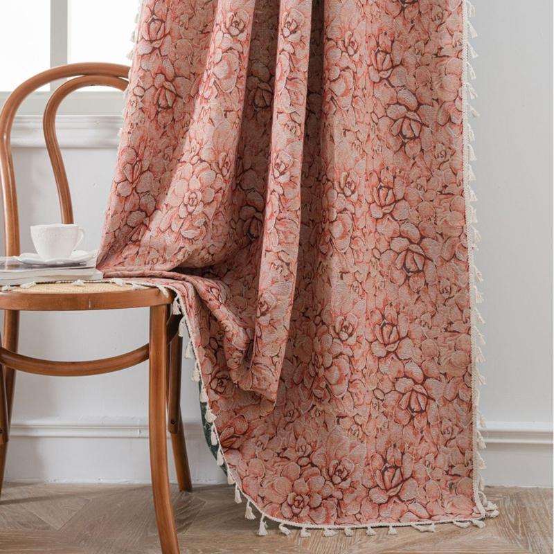 

American Style New Jacquard Bouquet Tassels Semi-shading Living Room Bedroom Curtains Balcony Blackout Decorate Valance W150 x H160cm&Rod Pocket