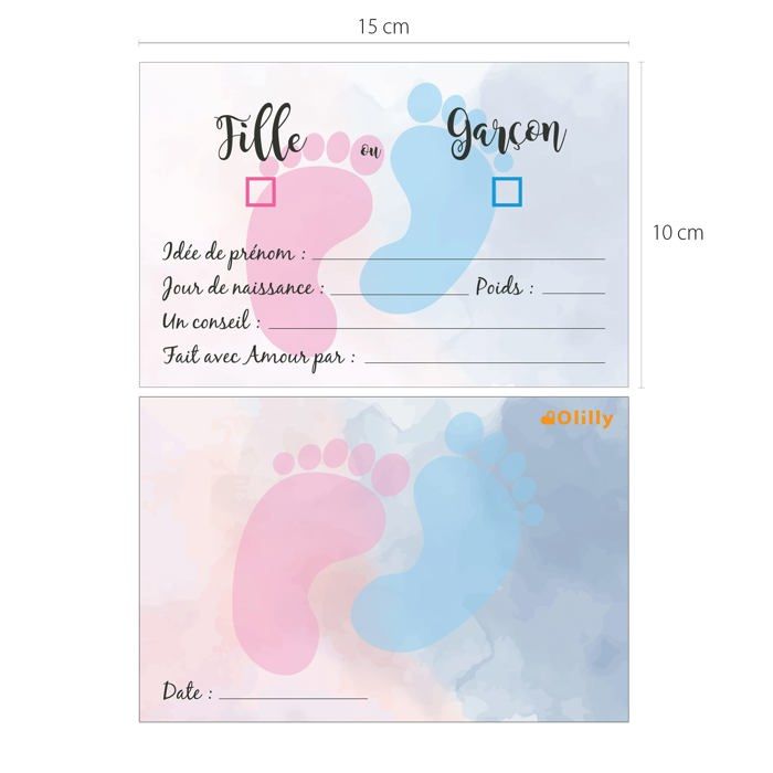 Cartes Pronostics - OLILLY - V6 - 20 Cartes - Thème Gender Reveal - Papier 300g - Livraison Rapide