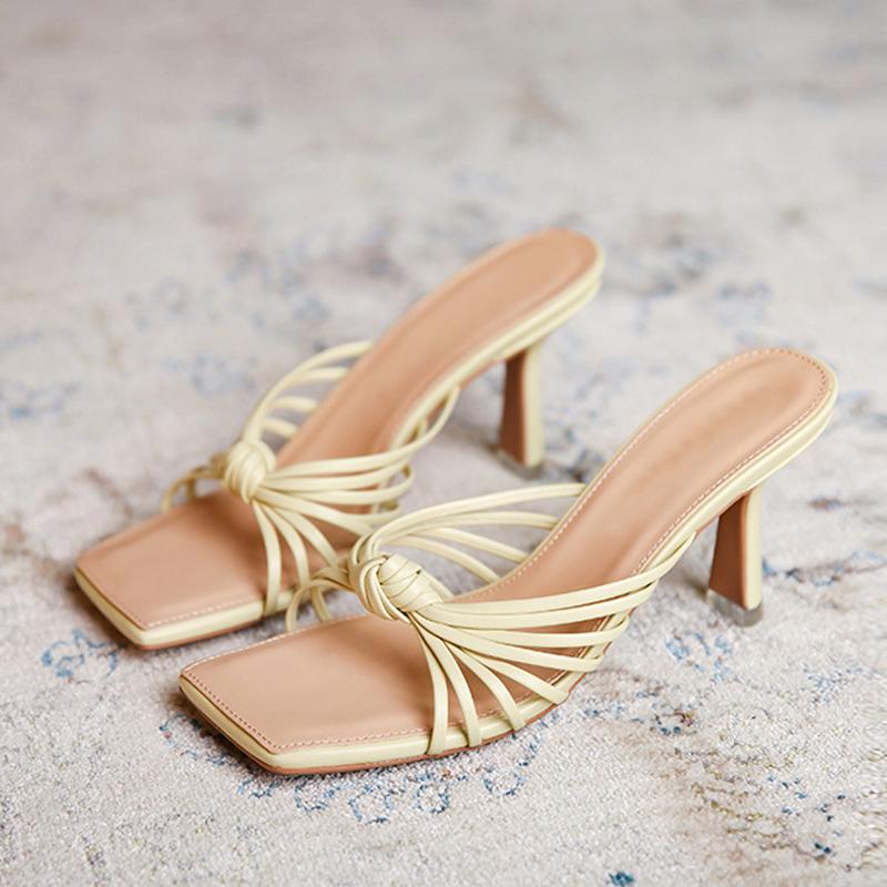 New Design Knot Pleated Leather Women Slippers Low Thin Heels Gladiator Sandals Fashion Square Open Toe Party Dress Shoes