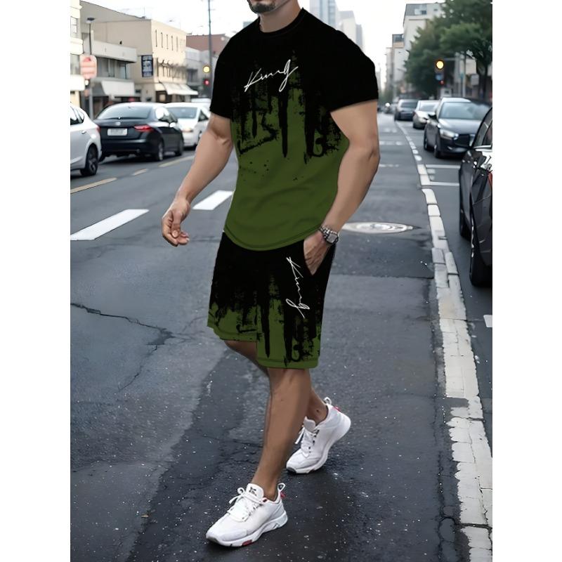 Men s new round neck casual T-shirt, short-sleeved shorts suit, bold King graphic design, drawstring elastic waist shorts, soft and breathable S