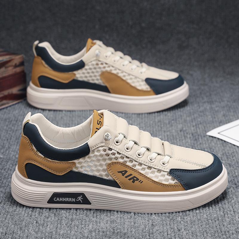 2024 summer thin breathable mesh casual flat baseplate shoes elastic band foot cover leather splicing sports men's shoes