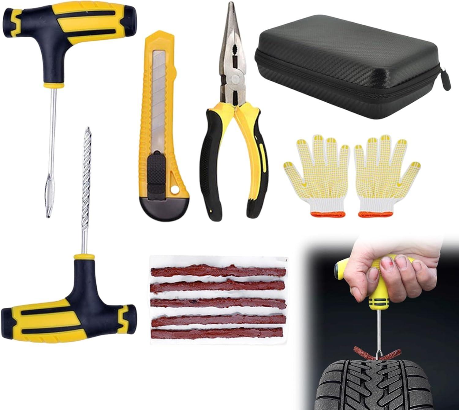Complete Repair Tire Tools Automotive Emergency Rescue Kits Includes Wicks, T-Tools, Gloves and Cutter, Car Puncture Repair Kit