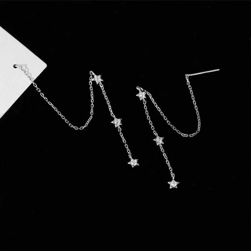 1Pc New 925 Silver Needle Star Tassel Earrings Small and Delicate Five Pointed Star Zircon Long Earrings Women's Fashion Jewelry