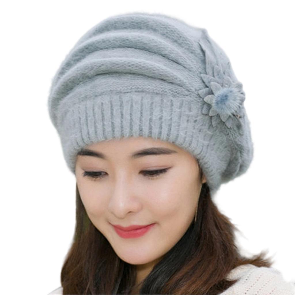 Fashionable Beret Hat With Plush Rabbit Furs Flower Decors Pullover Brimless Hat for Women Office Winter Head Accessory