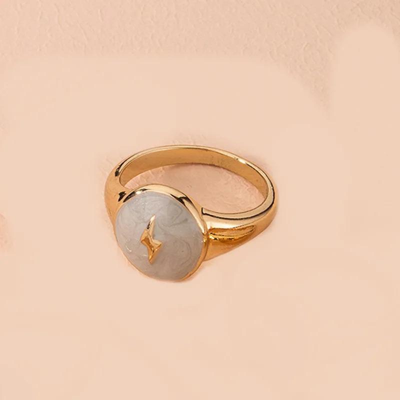 Women Gold Geometric Ring Colorful Enamel Lightning Star Moon Pattern Minimalist Chic Jewelry For Girls