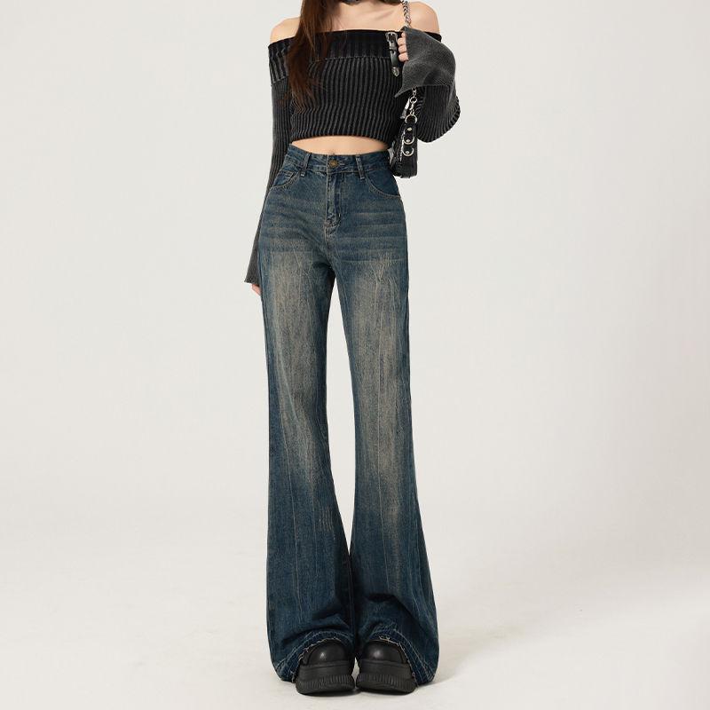 

Женские джинсы микро-клеш с высокой посадкой в стиле ретро, синие - Весенние, Свободные, Стройнящие, Не облегающие, Посадка подковы S