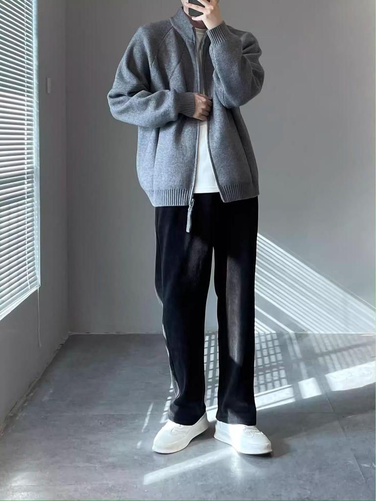 Men's Stand Collar Korean Style Double Zipper Knit Cardigan for Autumn/Winter