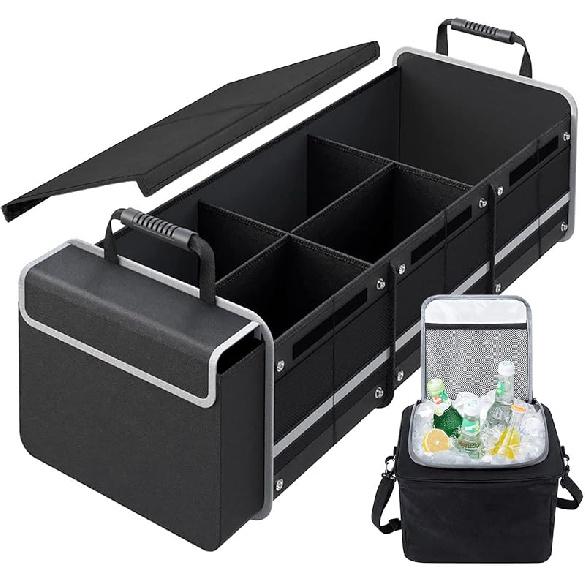 Car Trunk Organizer with Insulated Leakproof Cooler Bag, 4 in 1 Waterproof Portable Car Storage Organizer with Collapsible Cover, 3 Large