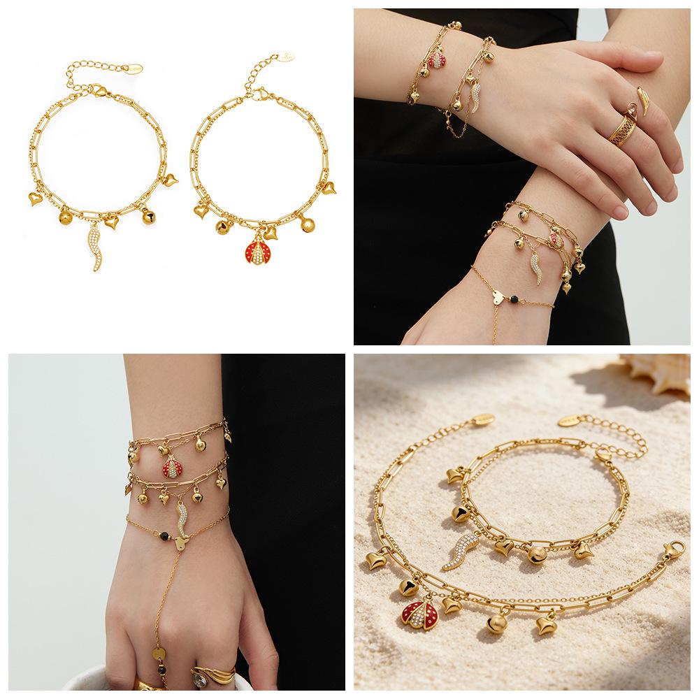 Stainless Steel Double Layer Bracelet with Zircon Chili Pendants - Elegant and Versatile Jewelry