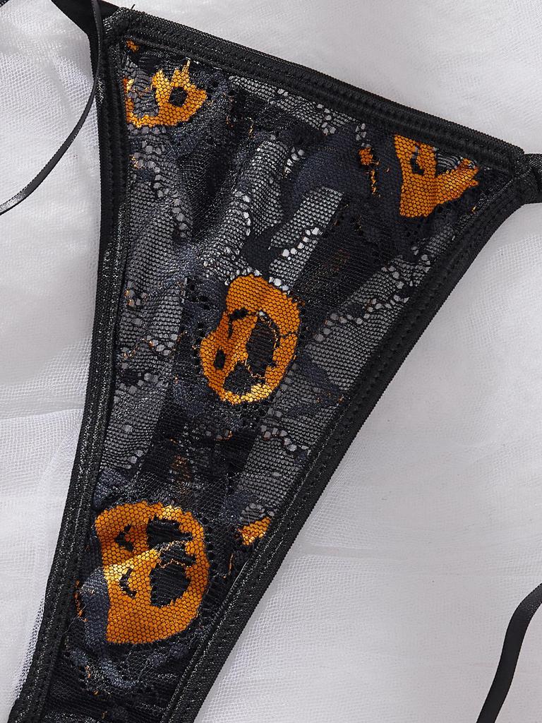 European-American Sexy Pumpkin Print Off-Shoulder Lingerie Set - Halloween Role Play Top & Tie-Up Thong