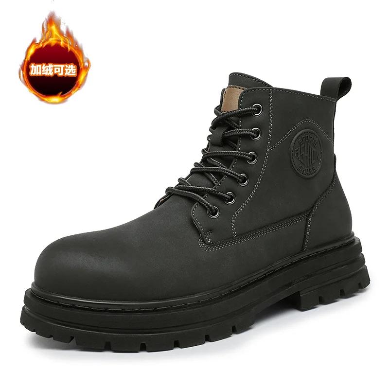 New Cool Men Women Cow Leather Boots Street High Top Casual Shoes Warm Plush Ankle Boots