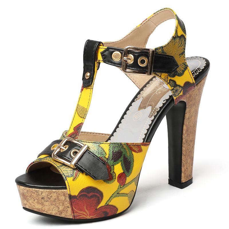 

2025 Новый Дизайн Женские Сандалии Пип Тоу Массивный Каблук 12см Платформа 3.5см Т-Ремешок Комбинированный Цвет Цветок Большой Размер 48 49 50 39 жёлтый